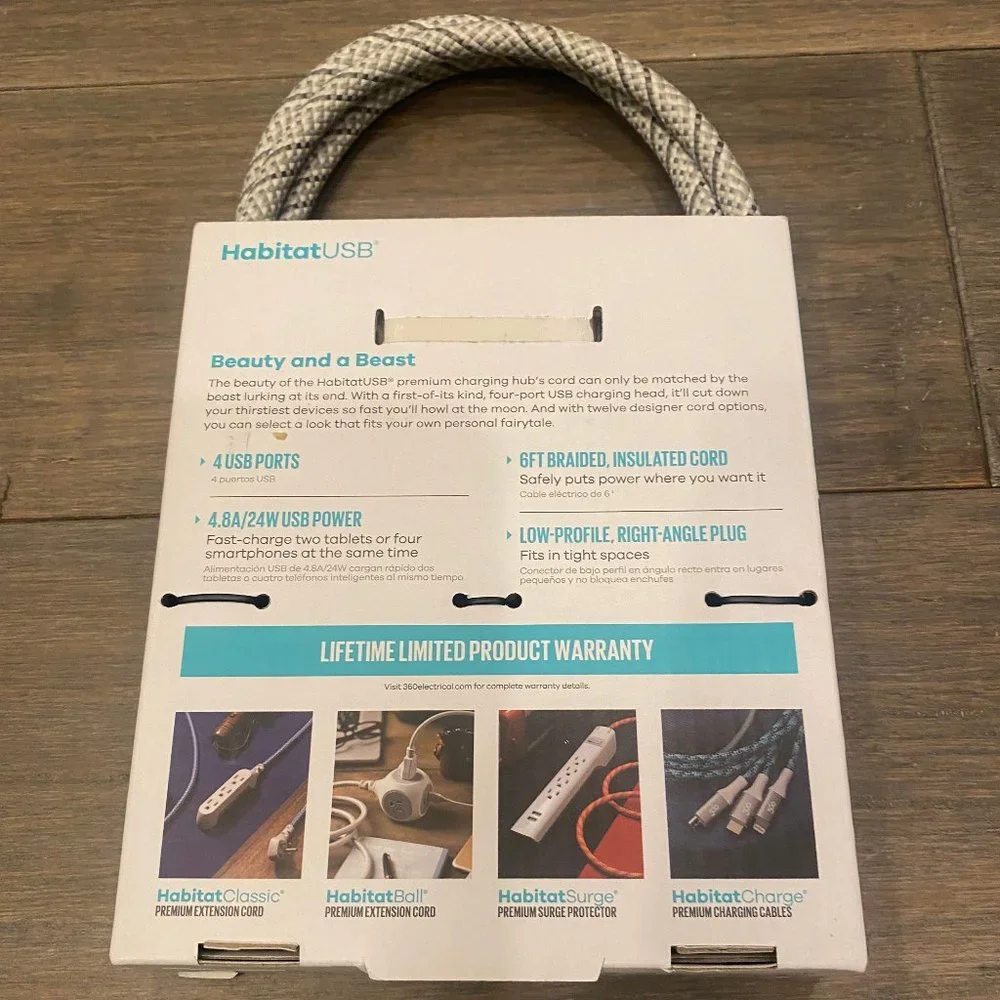 360 Electrical 360617 Habitat4.8 Braided w/ 4.8A 4-Port USB Extension Cord 6 ...
